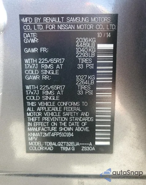 2015 Nissan Rogue S из США, поврежденный, VIN KNMAT2MT4FP510184